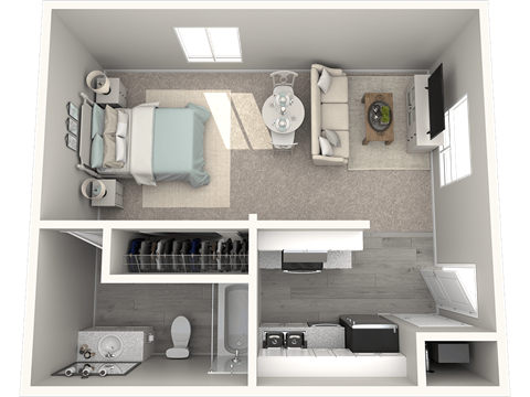 a bedroom with a bed and a chair in a room